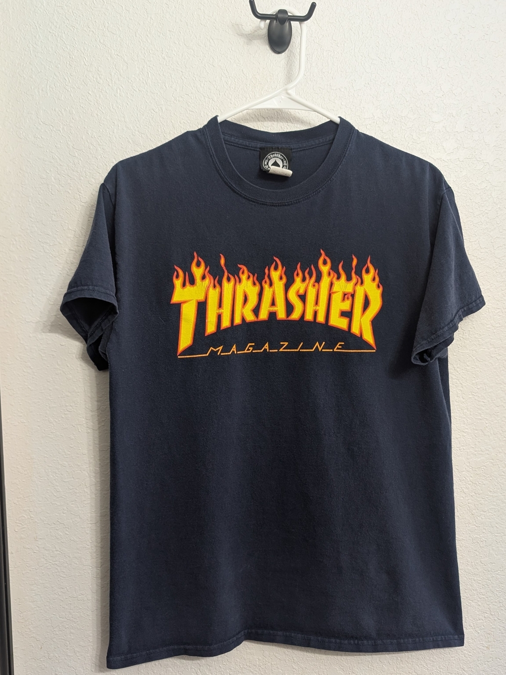 Thrasher Black Tee with Yellow & Orange Flame Logo Skater Y2K